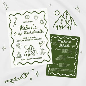 May include: Two invitation cards with a green border and text. The main card says "Kelsie's Camp Bachelorette" with event details and RSVP information. The second card lists weekend details, including activities like hiking and camp games.