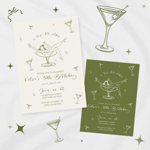 May include: Two green and white invitation cards with a martini glass design. The text on the cards reads "a tiny bit older" and "Kelsie's 30th Birthday".