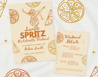 Invitación de despedida de soltera Sun & Spritz con itinerario, plantilla editable de Canva, descarga digital, itinerario de 3 y 4 días, invitación imprimible