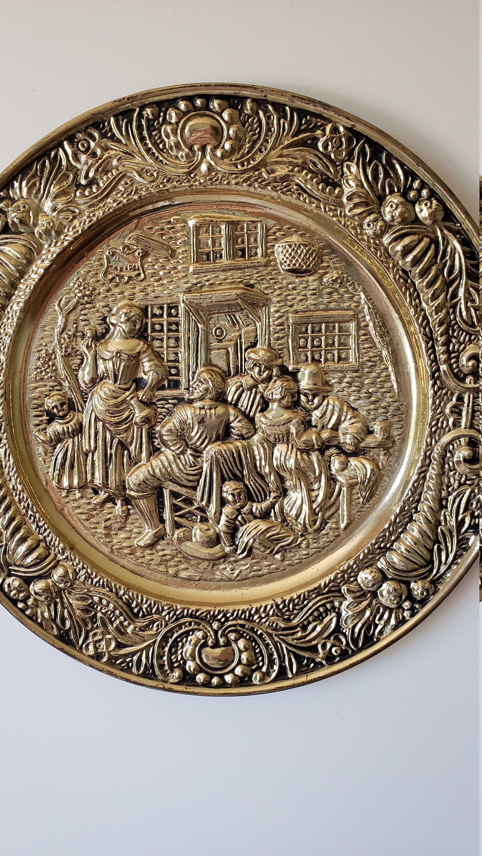 Vintage Embossed Brass Wall Hanging Etsy