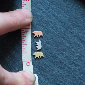 May include: Three small bear-shaped charms in different metal finishes: silver, gold, and rose gold. The charms are lined up next to a measuring tape.