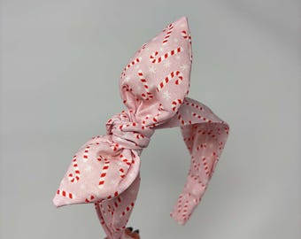 Christmas Candy Cane Bow Headband Holiday Bowband with Candy Canes Pattern on Pink Peppermint Bowband Xmas Knotted Headband
