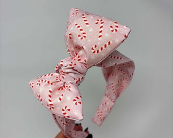 Christmas Candy Cane Big Bow Headband Holiday Bowband with Candy Canes Pattern on Pink Peppermint Bowband Knotted Headband