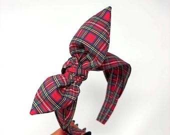 Christmas Plaid Bow Headband with Small Checks - Holiday Plaid Bowband Red and Green Headband for Christmas Tartan Plaid