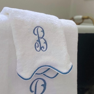 Monogrammed Hand Towel Set, Scallop Embroidered Edge Hand Towel, Thick Cotton Terry, 2 Hand Towels