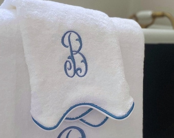 Monogrammed Hand Towel Set, Scallop Embroidered Edge Hand Towel, Thick Cotton Terry, 2 Hand Towels