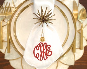 Monogrammed Christmas Linen Napkins with Scallop Edge, White - Set of 6, Ornament Monogram, Holiday Tabletop, Christmas Linens