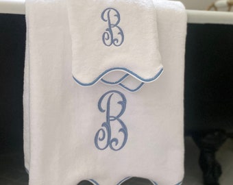 Monogrammed Bath Towel Set, Scallop Embroidered Edge, Thick Cotton Terry, 1 Bath Towel, 2 Hand Towels