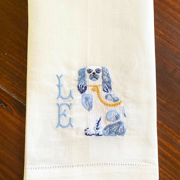 Monogrammed Linen Guest Towel, Embroidered Staffordshire Dog