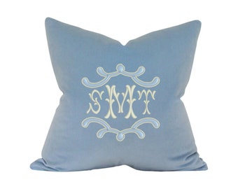 Monogrammed Velvet Throw Pillow, Custom Color, 12 x 20, 16 x 16, 18 x 18, 20 x 20, 22 x 22, 24 x 24, Light Blue, Embroidered Pillow Cover