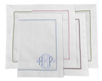 Monogrammed Linen Placemats with Color Hemstitching, Set of 6