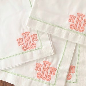 Monogrammed Linen Napkins with Green Hemstitching Set of 6 image 1