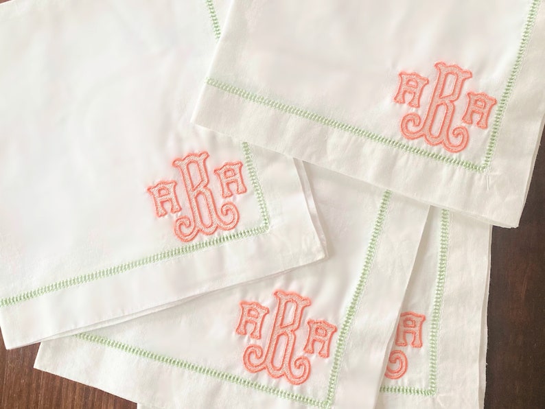 Monogrammed Linen Napkins with Green Hemstitching Set of 6 image 1