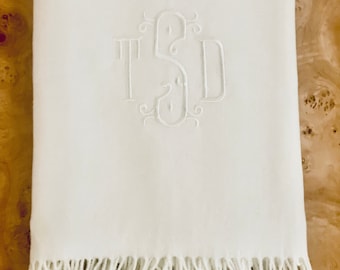 Monogrammed Throw Blanket with Fringe, Ivory Herringbone