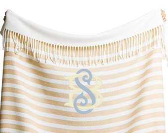 Monogrammed Throw Blanket with Fringe, Striped, Tan