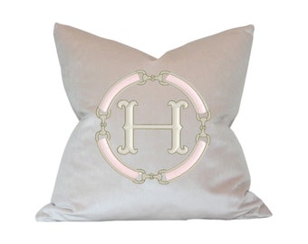 Monogrammed Velvet Throw Pillow, Custom Color, 12 x 20, 16 x 16, 18 x 18, 20 x 20, 22 x 22, 24 x 24, Champagne, Embroidered Pillow Cover