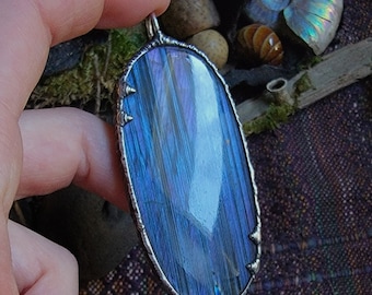 Shimmery blue and purple forest labradorite pendant, free-hand soldered and ooak.