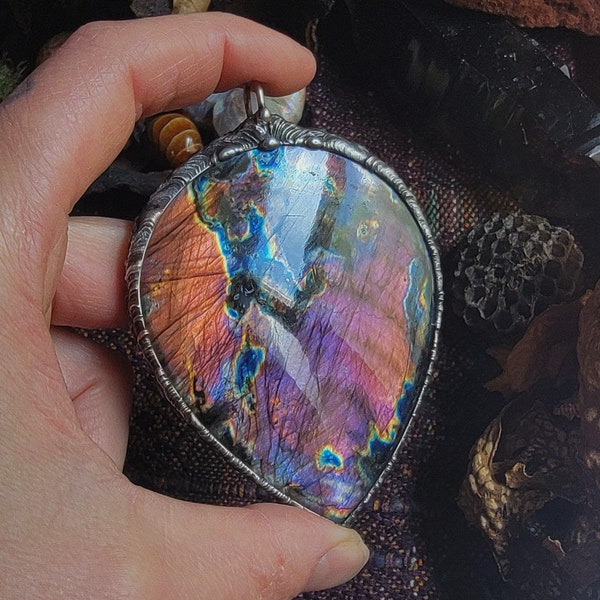 Magickal, warm and beautiful fuchsia and orange labradorite statement pendant, free-hand soldered and ooak.