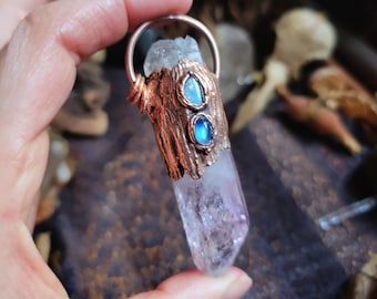 Healing high quality and glassy Namibian Amethsyt point with Australian Opal and blue Moonstone copper pendant, hand made and ooak.