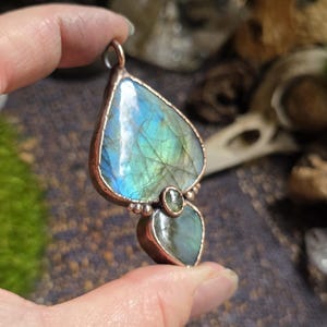 Magical Green Faerie Labradorite pendant paired with green Tourmaline and set in copper. Hand made and ooak.