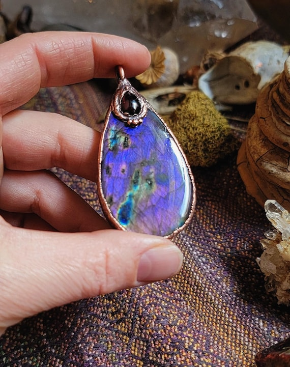 Beautiful purple Labradorite and deep red Garnet copper pendant, hand made and ooak.