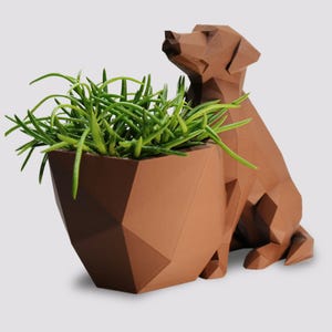 May include: A brown geometric dog planter with a green succulent plant inside. The planter is made of ceramic and has a modern design.