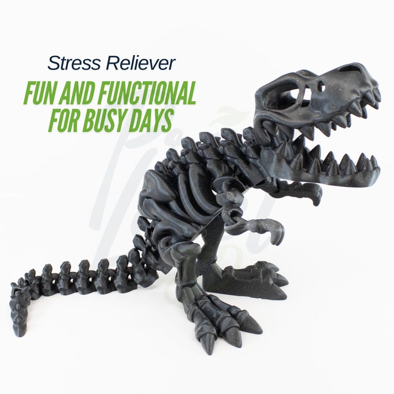 May include: Black plastic dinosaur skeleton stress reliever toy. The dinosaur is posed in a standing position with its mouth open. The text "Stress Reliever" is above the dinosaur and the text "FUN AND FUNCTIONAL FOR BUSY DAYS" is below the dinosaur.