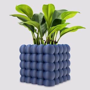 May include: A blue planter with a unique bubble design, featuring a green plant with large leaves.