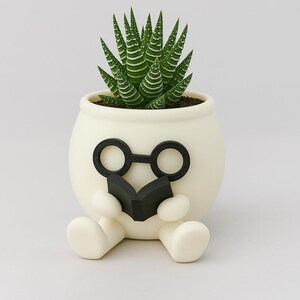 May include: White ceramic planter shaped like a person wearing glasses and holding a book, with a green succulent plant inside.