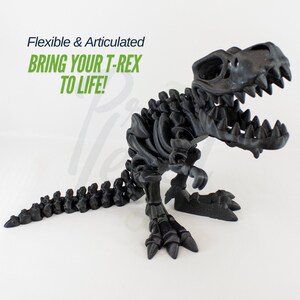 May include: A black articulated T-Rex skeleton model. The model is flexible and can be posed in different positions. The text "Flexible & Articulated BRING YOUR T-REX TO LIFE!" is visible in the image.