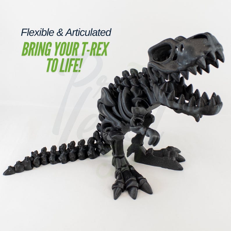 May include: A black articulated T-Rex skeleton model. The model is flexible and can be posed in different positions. The text "Flexible & Articulated BRING YOUR T-REX TO LIFE!" is visible in the image.