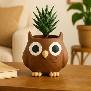 May include: A brown owl-shaped planter with large white and black eyes, a yellow beak, and a textured body. The planter holds a green and white succulent plant. The owl planter is sitting on a wooden surface.
