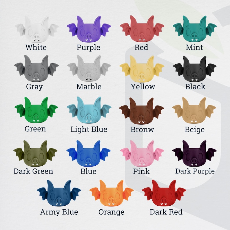 May include: A collection of 16 bat-shaped silicone molds in various colors, including white, purple, red, mint, gray, marble, yellow, black, green, light blue, brown, beige, dark green, blue, pink, dark purple, army blue, orange, and dark red.