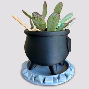 May include: A black cauldron-shaped planter with three legs sits on a blue and gray textured saucer. The planter is filled with a succulent plant with green and purple leaves. A small wooden spoon is resting on the rim of the planter.