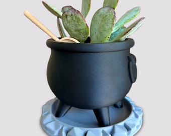 3D Printed Witch Cauldron Planter with Spoon & Tray - Halloween Decor