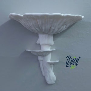 May include: A white, 3D-printed mushroom sculpture with a large, textured cap and multiple smaller shelf-like structures. The sculpture has a smooth, organic form and is mounted on a light gray surface. The text "Print Level 3D" is visible.