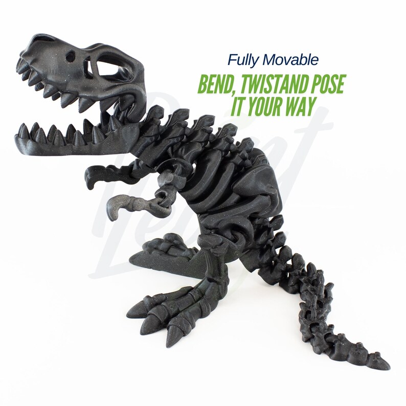 May include: A fully articulated black plastic dinosaur skeleton toy. The toy is posed in a standing position with its mouth open. The text "Fully Movable BEND, TWIST AND POSE IT YOUR WAY" is printed on a white background above the toy.