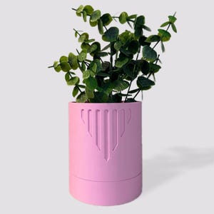 May include: A pink cylindrical planter with a geometric design features a small green plant. The planter has a smooth, matte finish.