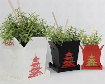 3D Printed Chinese Takeout Box Planter Set - With Chopsticks & Trays