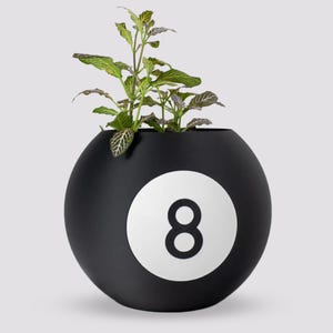 May include: Black ceramic planter shaped like a billiard ball with the number eight printed in white. A green plant is growing inside the planter.