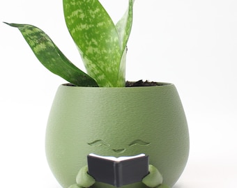 Reading Planter – Cute Face Pot for Book Lovers, Gift for Readers, 3D Printed Succulent Planter for Bookshelf – Indoor and Outdoor Plant Pot
