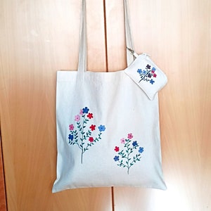 Handbemaltes Taschen- und Geldbörsen-Set, Baumwoll-Einkaufstasche mit langen Henkeln, Stoff-Umhängetasche, handbemalte Baumwoll-Geldbörse