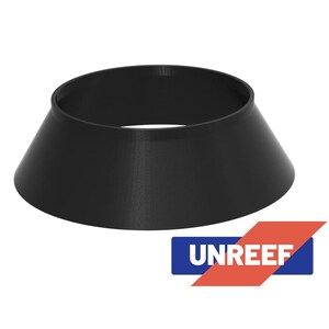 Pode incluir: Um objeto preto em forma de cone, com uma base larga e um topo mais estreito. O objeto é feito de um material sólido e tem uma superfície lisa. O logotipo "UNREEF" é exibido em azul e vermelho.