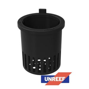 May include: A black plastic aquarium plant pot with a cylindrical shape and a perforated lower section. The top rim has the word "UNREEF" printed on it. The logo "UNREEF" is displayed in the lower right corner.