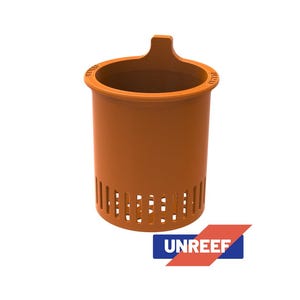 May include: An orange cylindrical object with vertical slots near the base and a handle-like extension at the top. The word "UNREEF" is displayed on a blue and red rectangular graphic at the bottom.