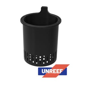 May include: A black cylindrical container with a handle-like extension and vertical slots near the base. The word "UNREEF" is displayed in white text on a blue and red angled rectangle.