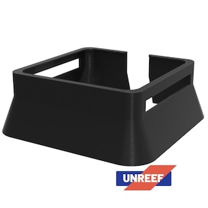 May include: A black, square-shaped product with a trapezoidal base. The top is open, and the sides have cut-out sections. The word "UNREEF" is printed in white on a blue rectangle with a red angled stripe.