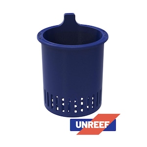 May include: A navy blue cylindrical container with vertical slots near the base and a handle-like extension at the top. The word "UNREEF" is printed on a blue and red rectangular label.