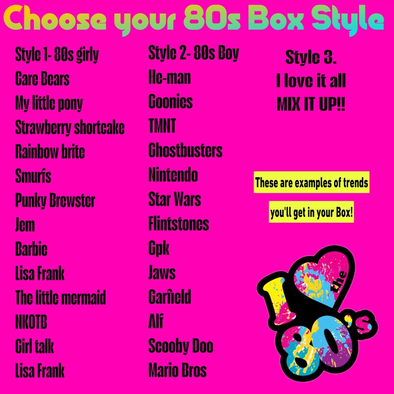 May include: A vibrant pink graphic with the text "Choose your 80s Box Style." It lists 80s themes like Care Bears, He-Man, and Nintendo, categorized as "girly," "boy," and "I love it all." The image includes the phrase "These are examples of trends you'll get in your Box!"