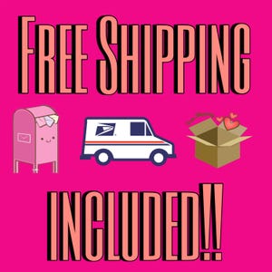 May include: A bright pink graphic with the words "FREE SHIPPING INCLUDED!!" in a bold, outlined font. The image includes a pink mailbox, a white and blue delivery truck, and a cardboard box with hearts.